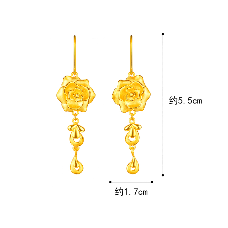 六福珠宝囍爱系列玫瑰喜礼黄金耳坠中式婚嫁足金耳环计价001073EA