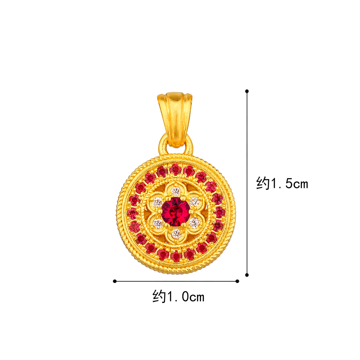 六福珠宝福满传家唐潮福莲平安黄金吊坠女红宝石挂坠定价021196PA