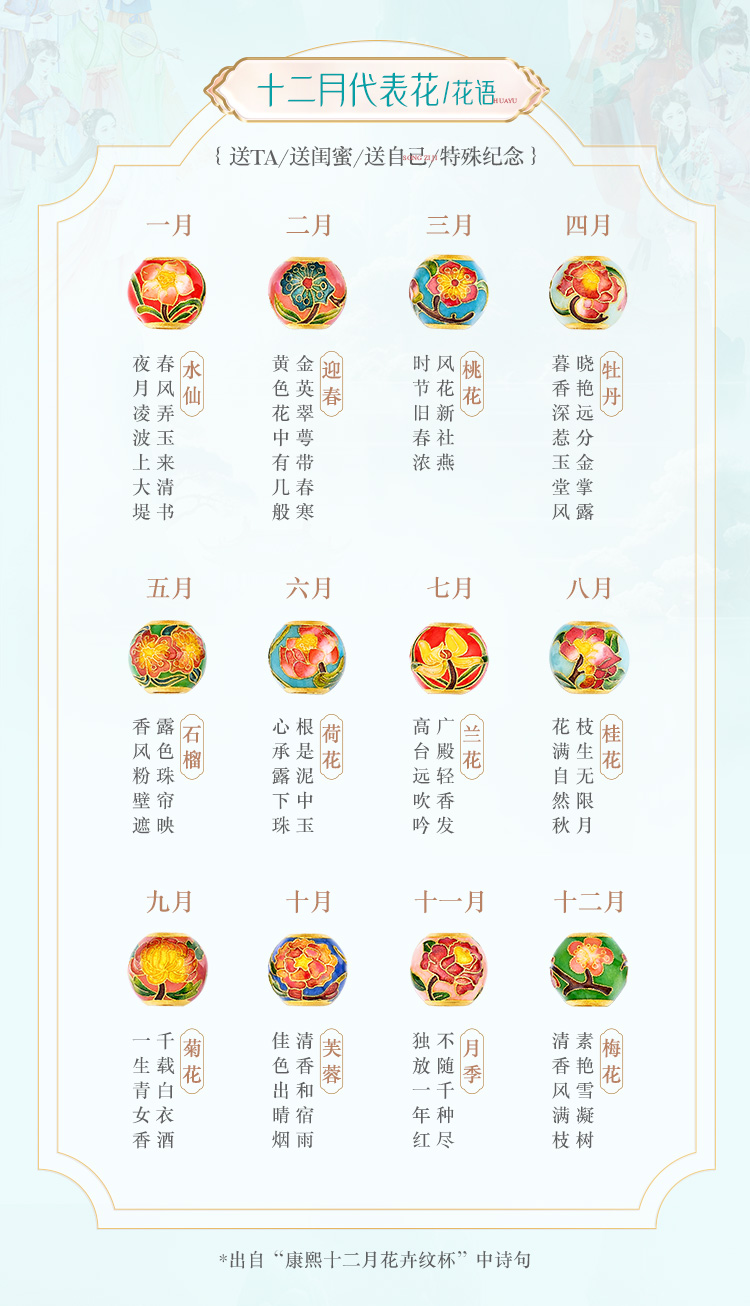 六福珠宝福满传家十二花神七夕礼黄金转运珠串珠（手串版）赏花计价FSGTBP0001A