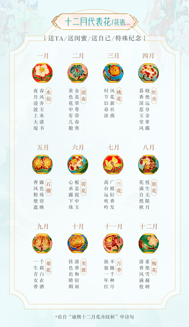 六福珠宝福满传家十二花神黄金转运珠吊坠版秋季金饰赏花计价F41G0003DS情人节